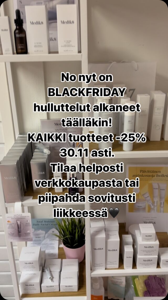 Ihohuoltamon Black Friday(week) hulluttelu on alkanut liikkeessä ja verkkokaupassa!KAIKKI tuotteet -25%!!! Verkkokaupassa alen lunastat koodilla BLACKFRIDAY.Verkkokauppaan pääset ajanvarauslinkin kautta -> ”vieraile verkkokaupassa”. Vaihtoehtoina ilmainen nouto tai postitus. Yli 49€ ostoihin veloitukseton postitus.Kampanja voimassa 30.11 saakka.Nyt kannattaa santsata omat ihonhoitosuosikit ja ostaa kosmetiikkalahjoja edullisesti samalla tukien yksityisyrittäjää🙏🏻#medik8skincare #in17skincare #alexandriaprofessional #kuorintasaippuat #kynsinauhaöljyt #huulivoiteet #phhuulivoiteet #superkantapäävoide #pfbrollon #lahjapakkaukset #käsivoiteet #naamiot #ripsiväri #huuliöljy #qencccvoide #ihohuoltamo #kauneushoitolahämeenlinna #kosmetologihämeenlinna #skykosmetologi #hämeenlinna #blackfridaysale #kosmetiikkaale #kehomehyvinvointikeskus #kauriala