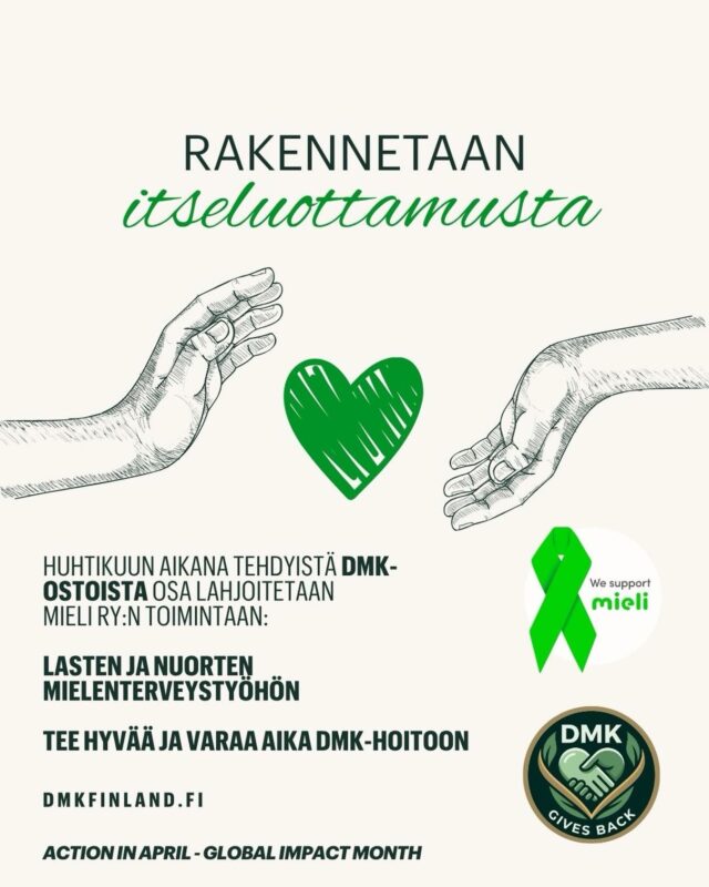 DMK tukee mielenterveystyötä. Huhtikuun aikana DMK lahjoittaa osan tuotostaan Mieli ry:lle lasten ja nuorten mielenterveystyön tukemiseen.Osallistu sinäkin – jokainen hoito ja tuoteosto on merkityksellinen.#dmkfinland #dmkskincare #hämeenlinna #ihohuoltamo  #dmkihoterapeutti