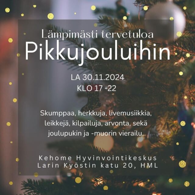 💫Tervetuloa Kehomelle pikkujouluihin 30.11 klo 17.00💫Kaikki ovat tervetulleita, yksin tai kaverin kanssa❣️Tiedossa mukavaa ohjelmaa, livemusiikkia, herkkuja, skumppaa ja iloista tunnelmaa✨#kehome #pikkujoulut #hämeenlinna #kauriala #larinkyöstinkatu